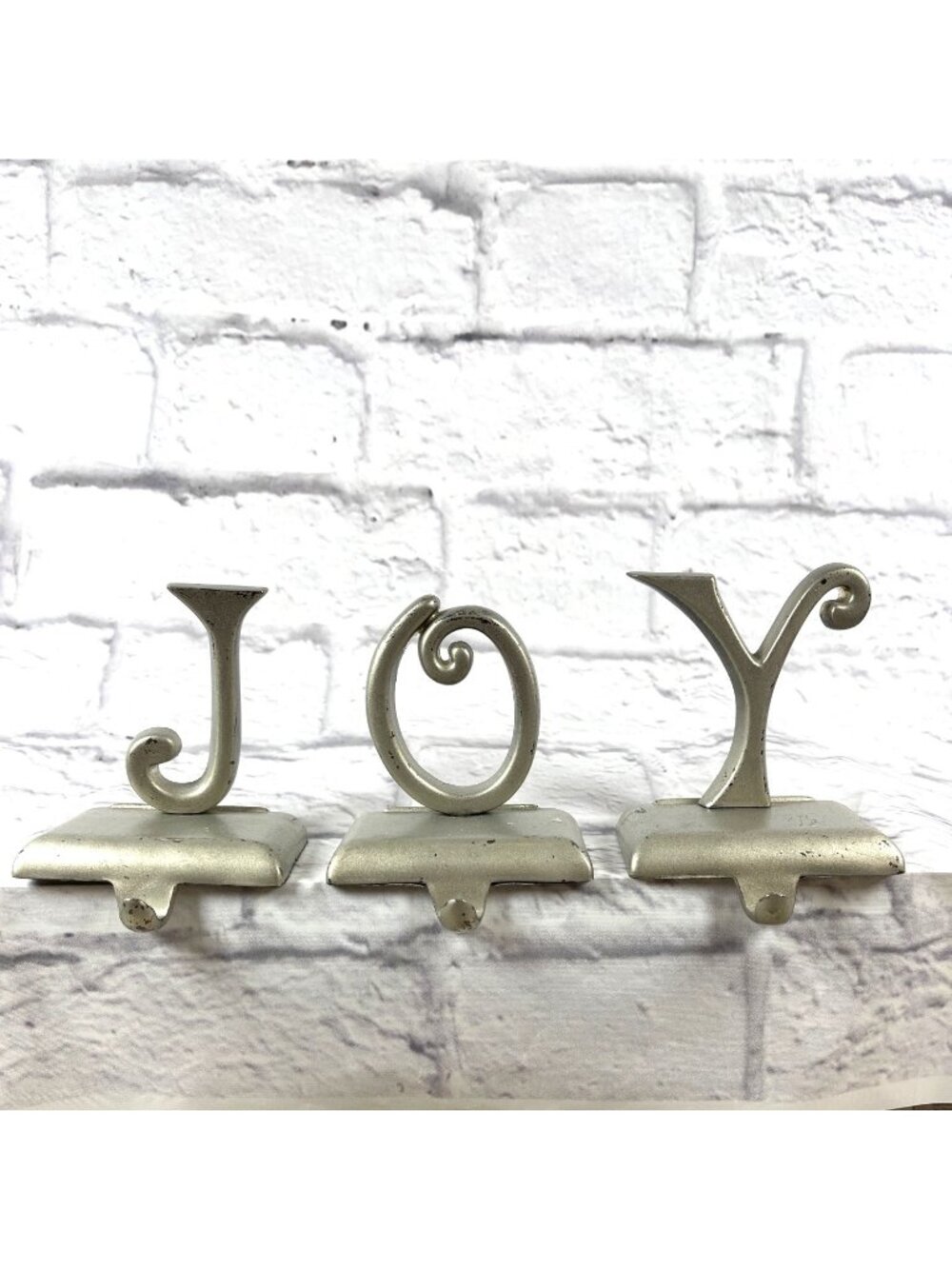 Vintage Pottery Barn Silver JOY Christmas Stocking Holders Weighted Mantel Hooks - Picture 6 of 12
